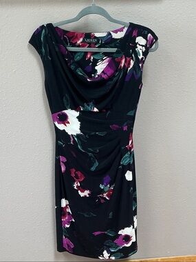 Lauren Ralph Lauren Black Floral Cowl-Neck Midi Dress